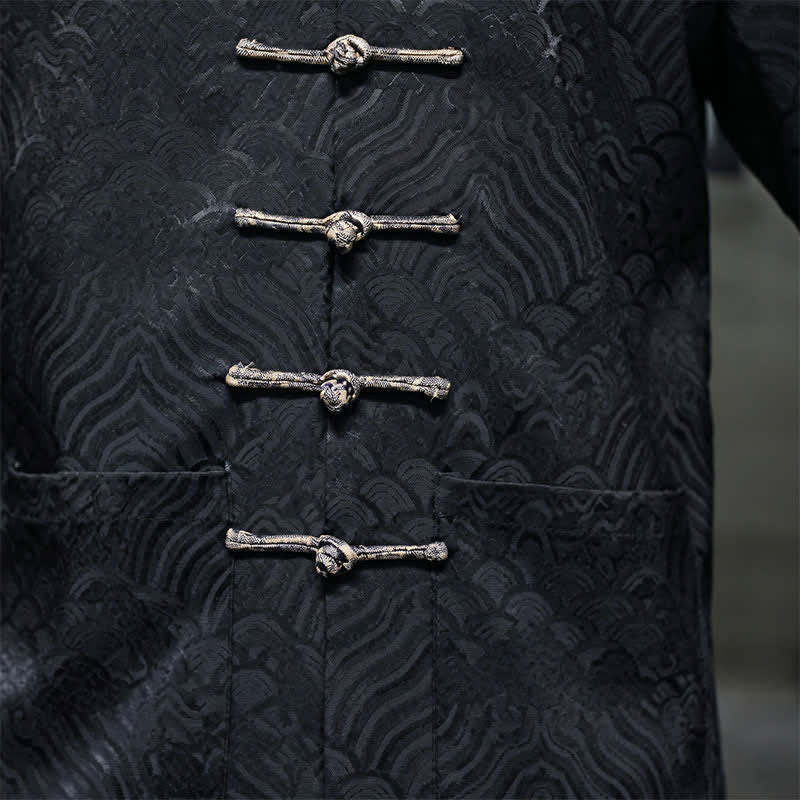 Buddha Stones Herbst/Winter-Herrenjacke im Tang-Stil, eleganter Stehkragen, abstraktes Wellenmuster, Froschknöpfe und Taschen - image 22
