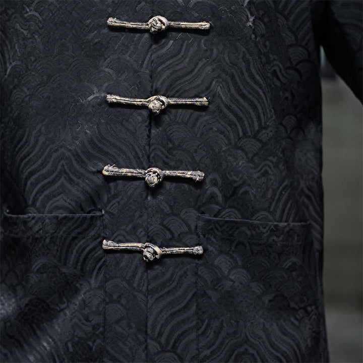 Buddha Stones Herbst/Winter-Herrenjacke im Tang-Stil, eleganter Stehkragen, abstraktes Wellenmuster, Froschknöpfe und Taschen - image 22