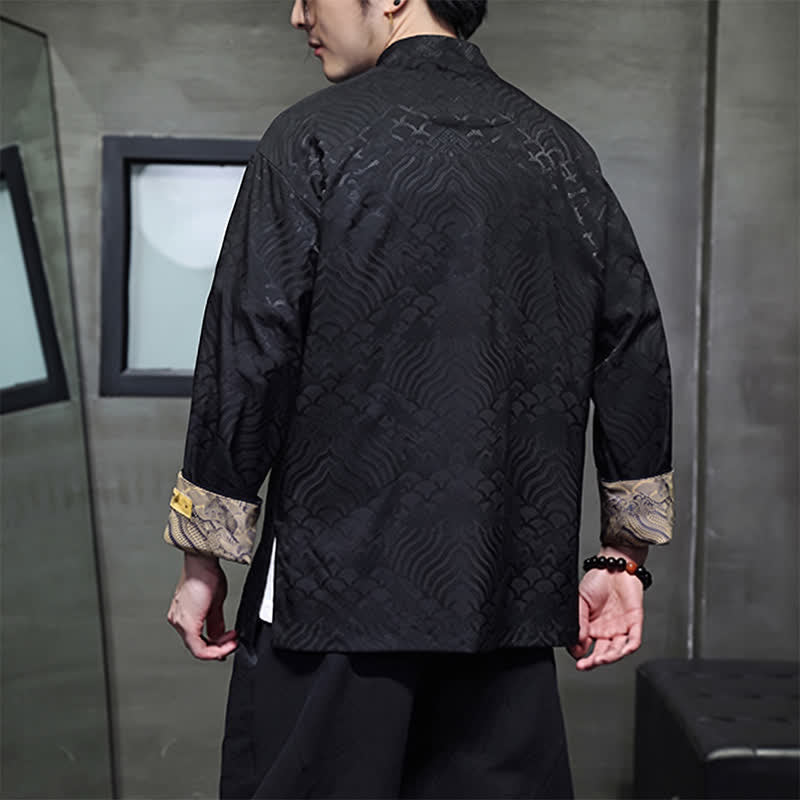 Buddha Stones Herbst/Winter-Herrenjacke im Tang-Stil, eleganter Stehkragen, abstraktes Wellenmuster, Froschknöpfe und Taschen - image 14