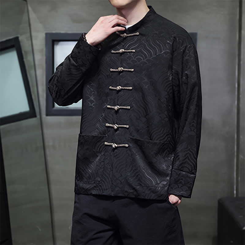 Buddha Stones Herbst/Winter-Herrenjacke im Tang-Stil, eleganter Stehkragen, abstraktes Wellenmuster, Froschknöpfe und Taschen - image 18