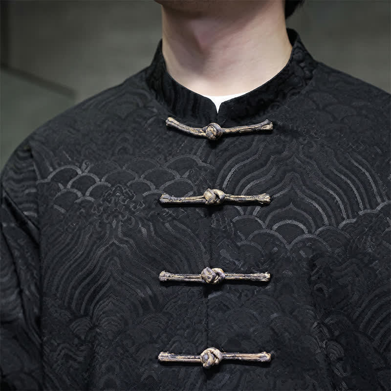 Buddha Stones Herbst/Winter-Herrenjacke im Tang-Stil, eleganter Stehkragen, abstraktes Wellenmuster, Froschknöpfe und Taschen - image 20