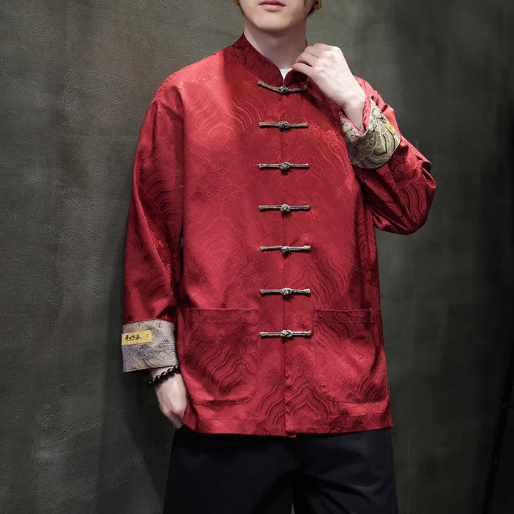 Buddha Stones Herbst/Winter-Herrenjacke im Tang-Stil, eleganter Stehkragen, abstraktes Wellenmuster, Froschknöpfe und Taschen - Purpurrot - US/ UK/AU46, EU56 (5XL) - image 0