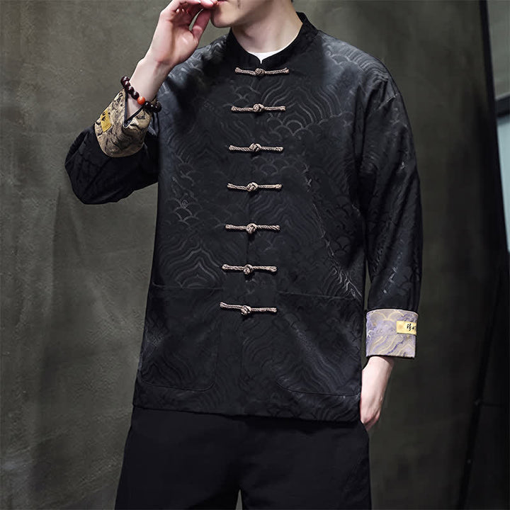 Buddha Stones Herbst/Winter-Herrenjacke im Tang-Stil, eleganter Stehkragen, abstraktes Wellenmuster, Froschknöpfe und Taschen - image 15