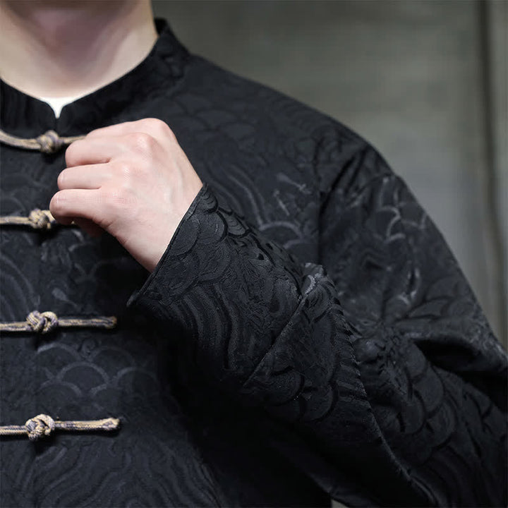 Buddha Stones Herbst/Winter-Herrenjacke im Tang-Stil, eleganter Stehkragen, abstraktes Wellenmuster, Froschknöpfe und Taschen - image 21