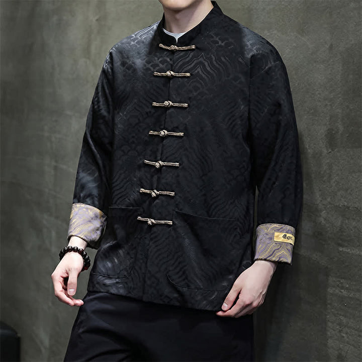 Buddha Stones Herbst/Winter-Herrenjacke im Tang-Stil, eleganter Stehkragen, abstraktes Wellenmuster, Froschknöpfe und Taschen - image 19