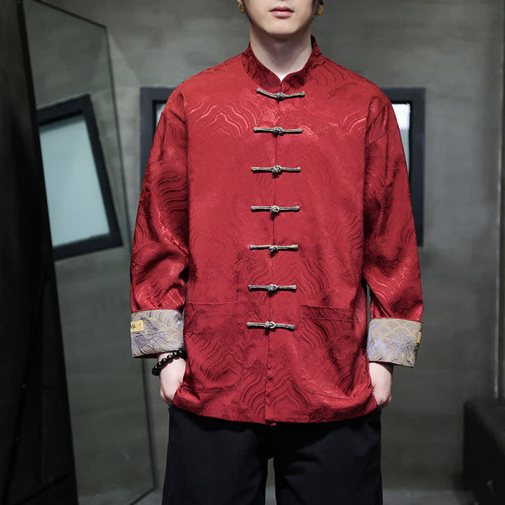 Buddha Stones Herbst/Winter-Herrenjacke im Tang-Stil, eleganter Stehkragen, abstraktes Wellenmuster, Froschknöpfe und Taschen - image 3