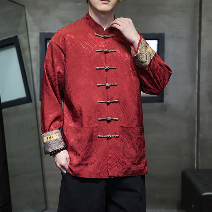Buddha Stones Herbst/Winter-Herrenjacke im Tang-Stil, eleganter Stehkragen, abstraktes Wellenmuster, Froschknöpfe und Taschen - image 9