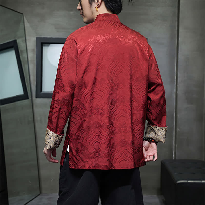 Buddha Stones Herbst/Winter-Herrenjacke im Tang-Stil, eleganter Stehkragen, abstraktes Wellenmuster, Froschknöpfe und Taschen - image 4