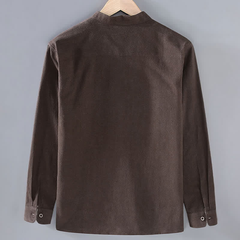 Buddha Stones Lässige, minimalistische Herrenjacke aus Ramie mit einfarbigen Knöpfen und Taschen für den Herbst - image 1