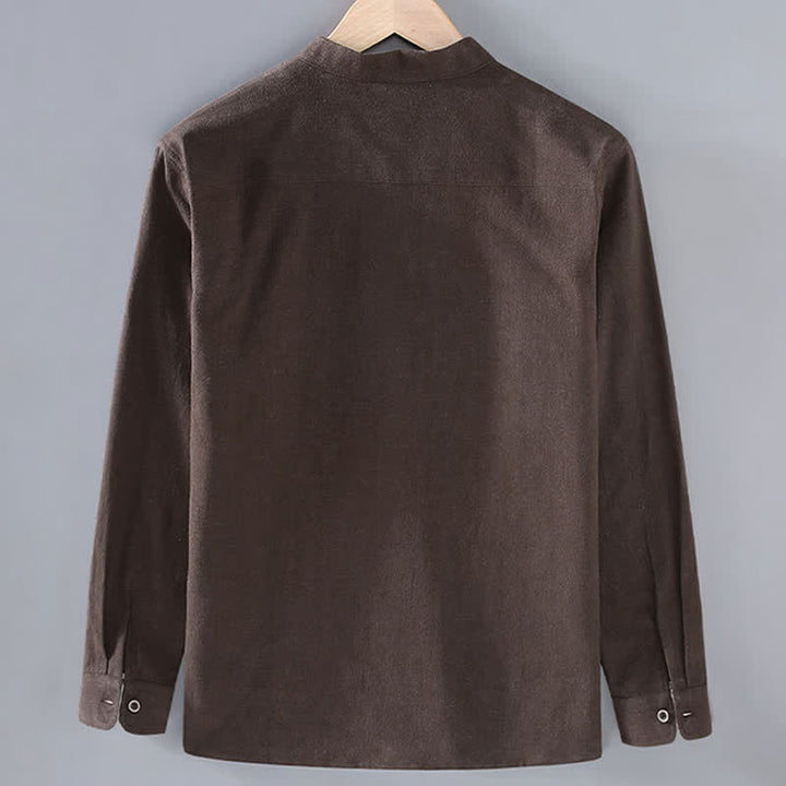 Buddha Stones Lässige, minimalistische Herrenjacke aus Ramie mit einfarbigen Knöpfen und Taschen für den Herbst - image 1