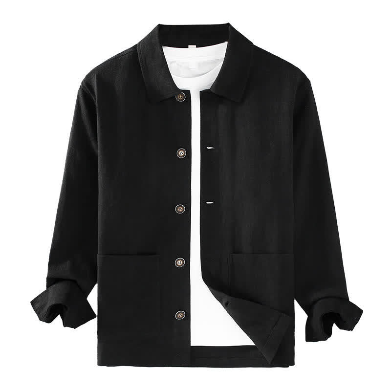Buddha Stones Lässige, minimalistische Herrenjacke aus Ramie mit einfarbigen Knöpfen und Taschen für den Herbst - image 13