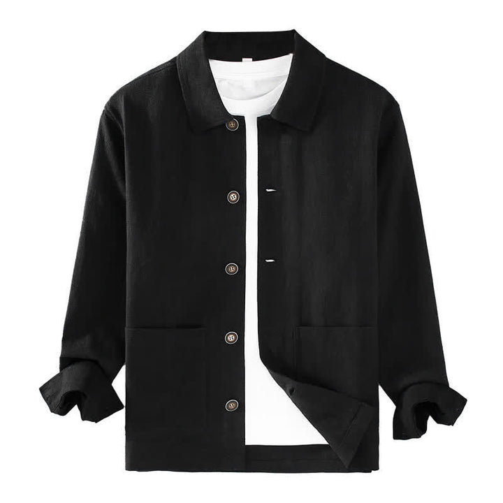 Buddha Stones Lässige, minimalistische Herrenjacke aus Ramie mit einfarbigen Knöpfen und Taschen für den Herbst - image 13