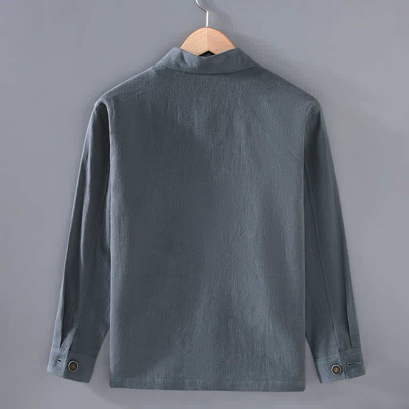 Buddha Stones Lässige, minimalistische Herrenjacke aus Ramie mit einfarbigen Knöpfen und Taschen für den Herbst - image 3
