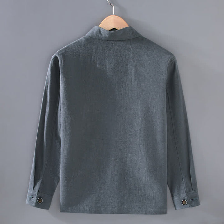 Buddha Stones Lässige, minimalistische Herrenjacke aus Ramie mit einfarbigen Knöpfen und Taschen für den Herbst - image 3
