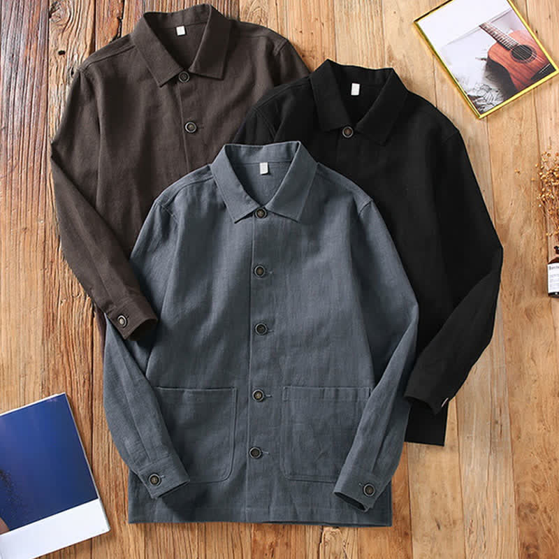 Buddha Stones Lässige, minimalistische Herrenjacke aus Ramie mit einfarbigen Knöpfen und Taschen für den Herbst - image 14