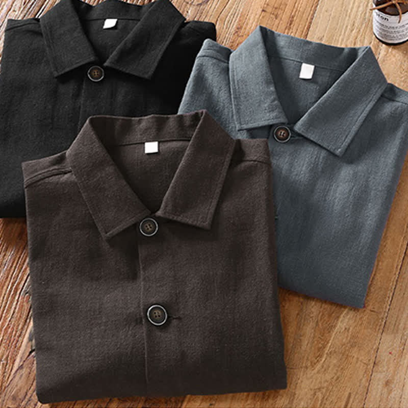 Buddha Stones Lässige, minimalistische Herrenjacke aus Ramie mit einfarbigen Knöpfen und Taschen für den Herbst - image 15