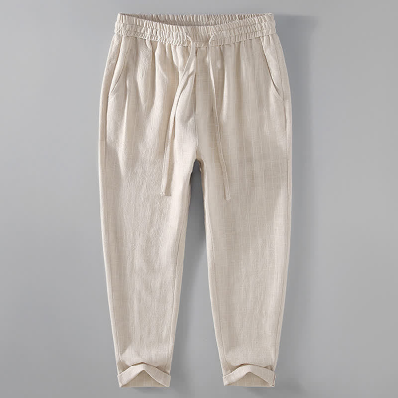 Buddha Stones Lässige, gestreifte Cropped-Hose mit Kordelzug für Herren (Frühling/Sommer) – schmal zulaufende Hose mit Taschen - Beige - US/ UK/AU42, EU52 (3XL) - image 2