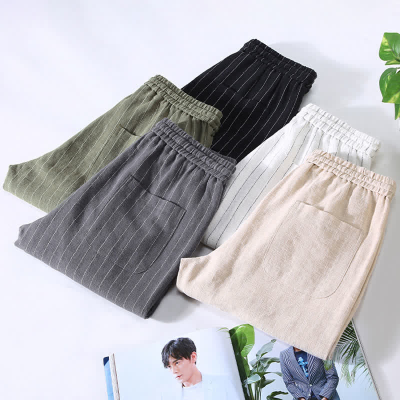 Buddha Stones Lässige, gestreifte Cropped-Hose mit Kordelzug für Herren (Frühling/Sommer) – schmal zulaufende Hose mit Taschen - image 14