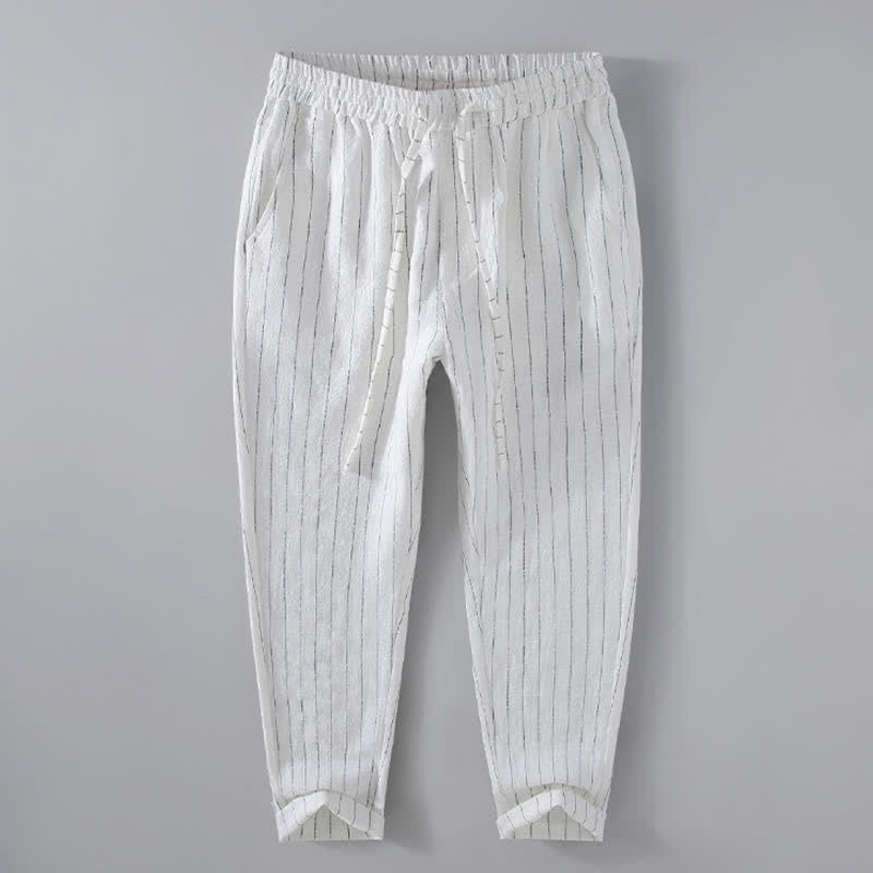 Buddha Stones Lässige, gestreifte Cropped-Hose mit Kordelzug für Herren (Frühling/Sommer) – schmal zulaufende Hose mit Taschen - Weiß - US/ UK/AU42, EU52 (3XL) - image 12