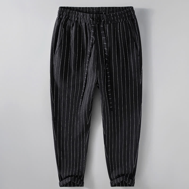 Buddha Stones Lässige, gestreifte Cropped-Hose mit Kordelzug für Herren (Frühling/Sommer) – schmal zulaufende Hose mit Taschen - Schwarz - US/ UK/AU42, EU52 (3XL) - image 1