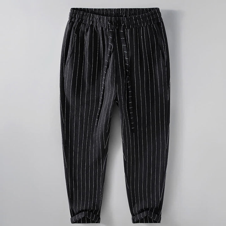 Buddha Stones Lässige, gestreifte Cropped-Hose mit Kordelzug für Herren (Frühling/Sommer) – schmal zulaufende Hose mit Taschen - Schwarz - US/ UK/AU42, EU52 (3XL) - image 1