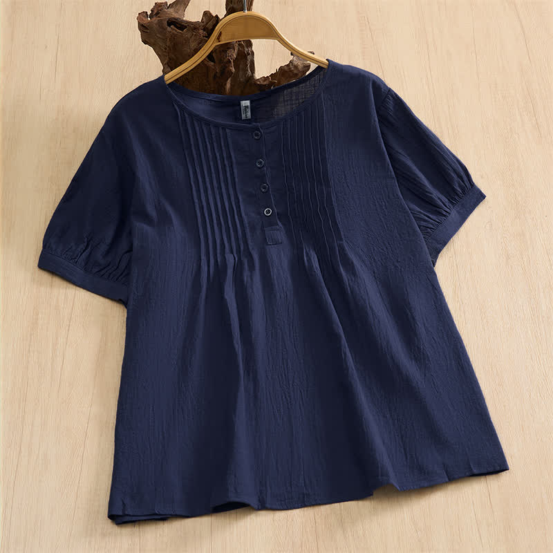 Buddha Stones Lässiges, minimalistisches Kurzarmhemd aus einfarbiger Baumwolle für Damen – perfekt für den Sommer. - Mitternachtsblau - US16, UK/AU20, EU48 (5XL) - image 0