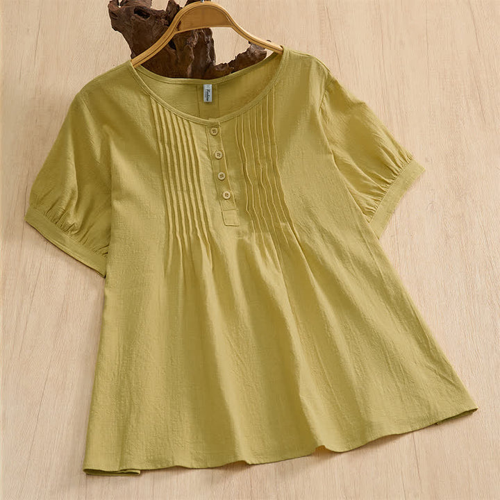 Buddha Stones Lässiges, minimalistisches Kurzarmhemd aus einfarbiger Baumwolle für Damen – perfekt für den Sommer. - Dunkelkhaki - US16, UK/AU20, EU48 (5XL) - image 16