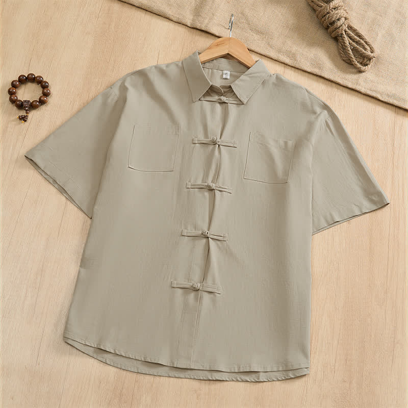 Buddha Stones Lässiges Sommerhemd im Tang-Stil mit Froschknopfleiste, einfarbig, Kurzarm, Herren, mit aufgesetzten Taschen - Beige - US/UK/AU46, EU56 (5XL) - image 24