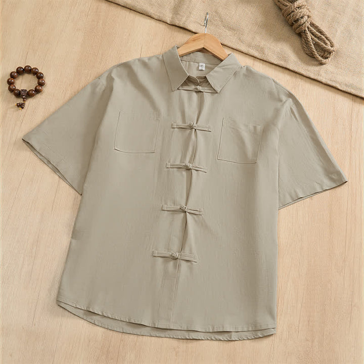 Buddha Stones Lässiges Sommerhemd im Tang-Stil mit Froschknopfleiste, einfarbig, Kurzarm, Herren, mit aufgesetzten Taschen - Beige - US/UK/AU46, EU56 (5XL) - image 24
