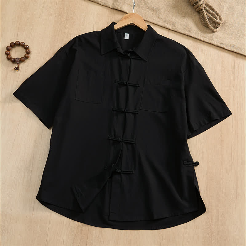 Buddha Stones Lässiges Sommerhemd im Tang-Stil mit Froschknopfleiste, einfarbig, Kurzarm, Herren, mit aufgesetzten Taschen - Schwarz - US/UK/AU46, EU56 (5XL) - image 17