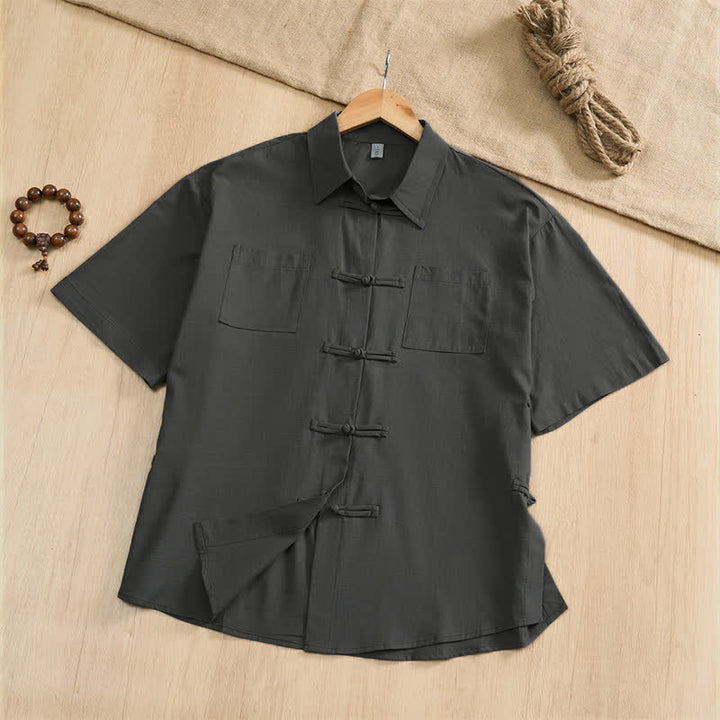 Buddha Stones Lässiges Sommerhemd im Tang-Stil mit Froschknopfleiste, einfarbig, Kurzarm, Herren, mit aufgesetzten Taschen - DimGray - US/UK/AU46, EU56 (5XL) - image 0