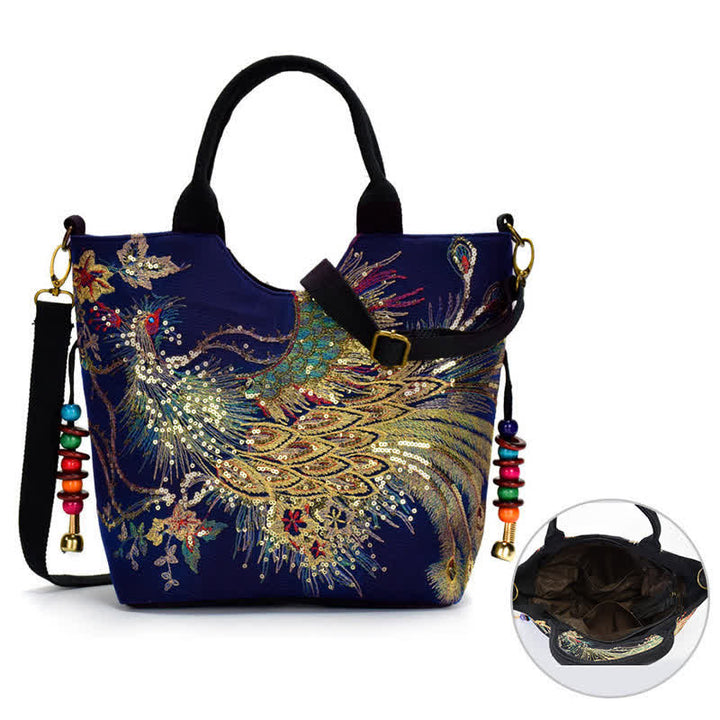 Buddha Stones -Pfauen-Doppelseitig-Stickerei-Tragetasche, Schultertasche, Umhängetasche - image 1