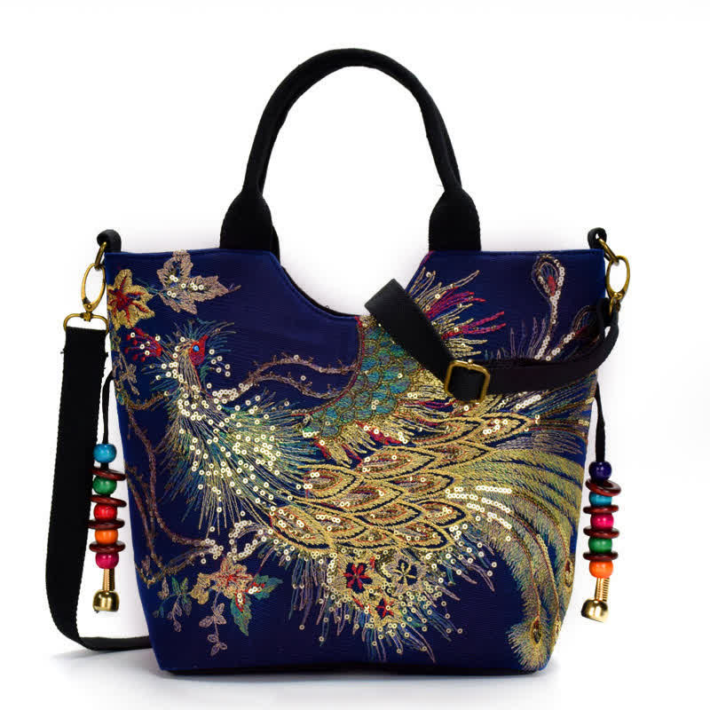 Buddha Stones -Pfauen-Doppelseitig-Stickerei-Tragetasche, Schultertasche, Umhängetasche - Dunkelblauer Pfau - Schultertasche/Tragetasche - image 0