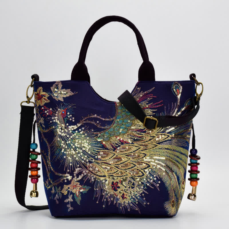 Buddha Stones -Pfauen-Doppelseitig-Stickerei-Tragetasche, Schultertasche, Umhängetasche - image 3