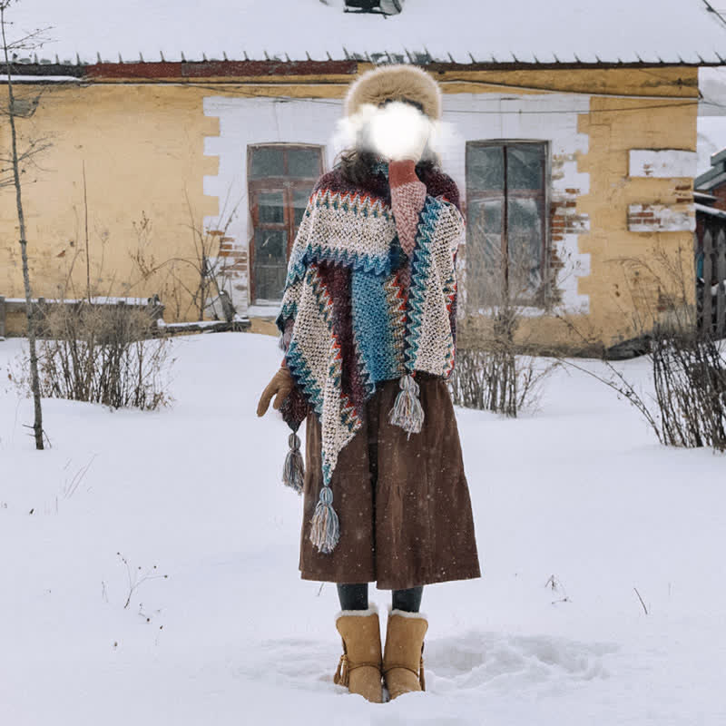 Tibetischer Schal mit Buddha Stones , blau-beige-rotes Wellenmuster, warmer Winterschal mit Quasten - image 1