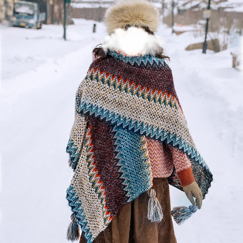Tibetischer Schal mit Buddha Stones , blau-beige-rotes Wellenmuster, warmer Winterschal mit Quasten - Blau Beige Rot - image 0