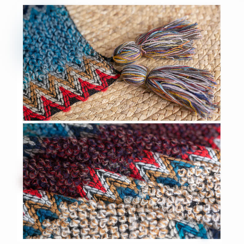 Tibetischer Schal mit Buddha Stones , blau-beige-rotes Wellenmuster, warmer Winterschal mit Quasten - image 11