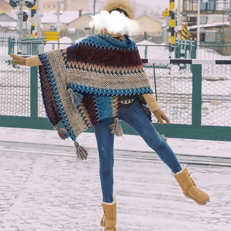 Tibetischer Schal mit Buddha Stones , blau-beige-rotes Wellenmuster, warmer Winterschal mit Quasten - image 7