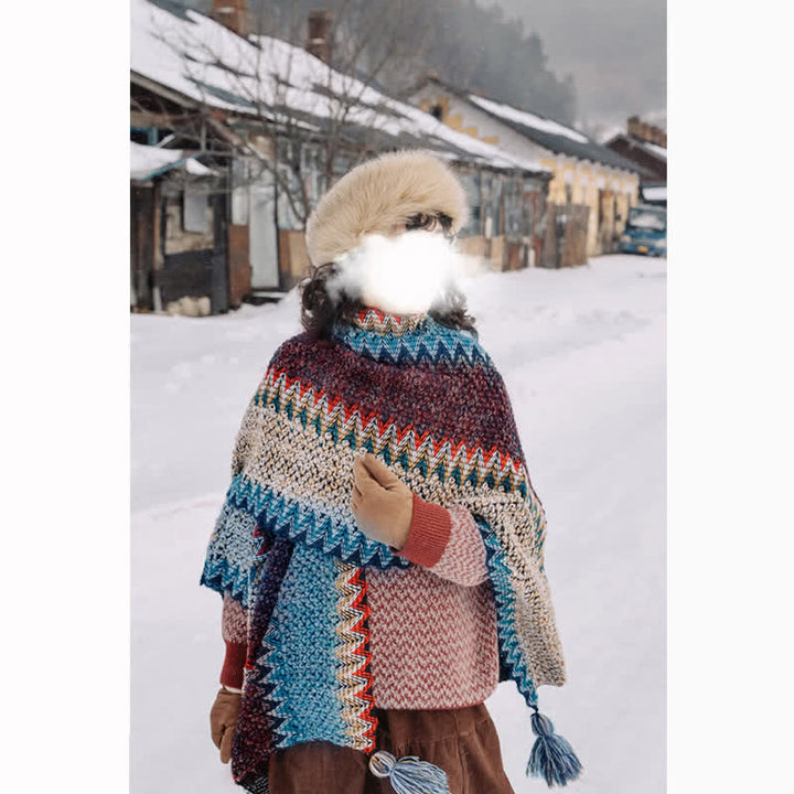 Tibetischer Schal mit Buddha Stones , blau-beige-rotes Wellenmuster, warmer Winterschal mit Quasten - image 3