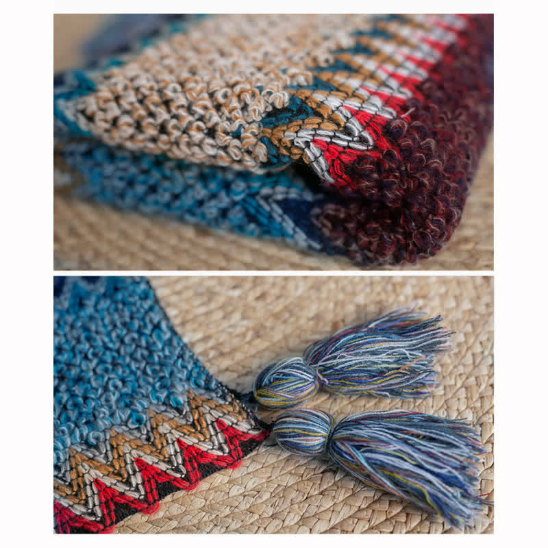 Tibetischer Schal mit Buddha Stones , blau-beige-rotes Wellenmuster, warmer Winterschal mit Quasten - image 10