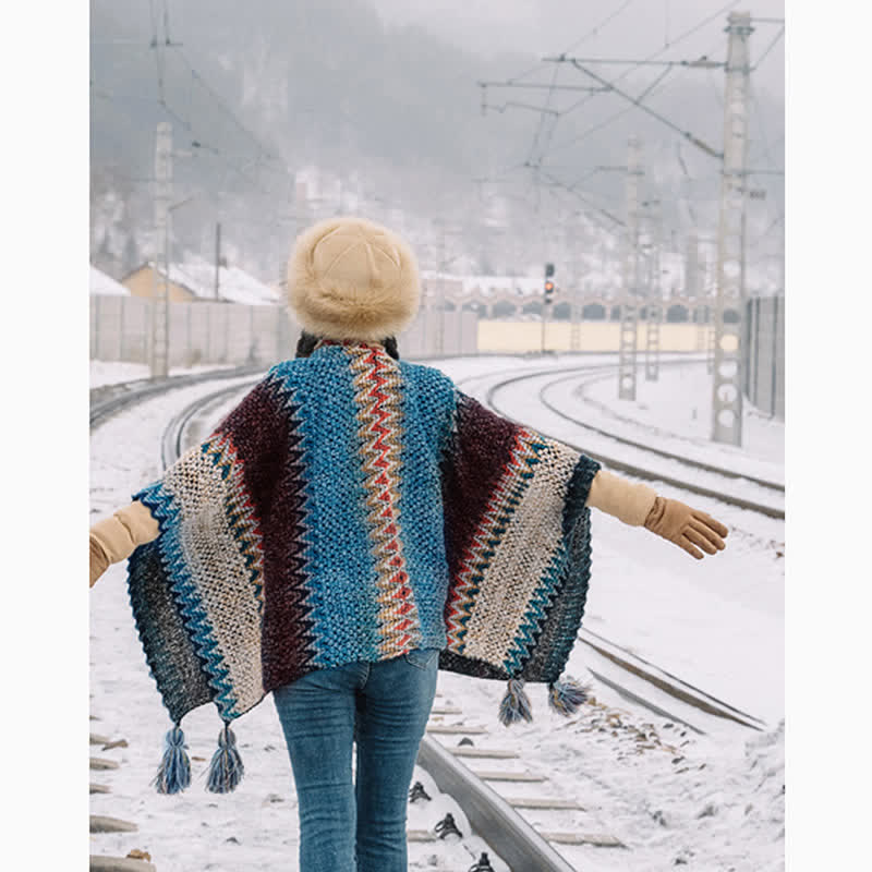 Tibetischer Schal mit Buddha Stones , blau-beige-rotes Wellenmuster, warmer Winterschal mit Quasten - image 5