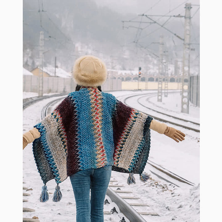 Tibetischer Schal mit Buddha Stones , blau-beige-rotes Wellenmuster, warmer Winterschal mit Quasten - image 5