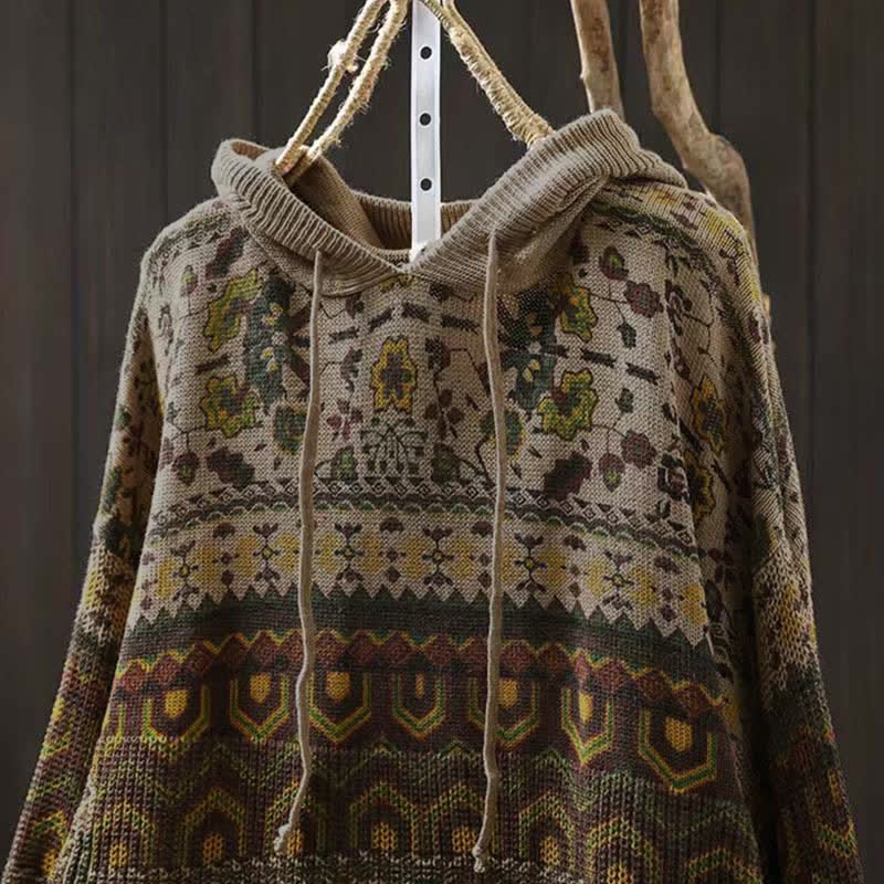Buddha Stones Herbststreifen-Strickpullover mit geometrischen Blumenmuster, Damen, Langarm, aus Baumwolle, Kapuzenpullover - image 1