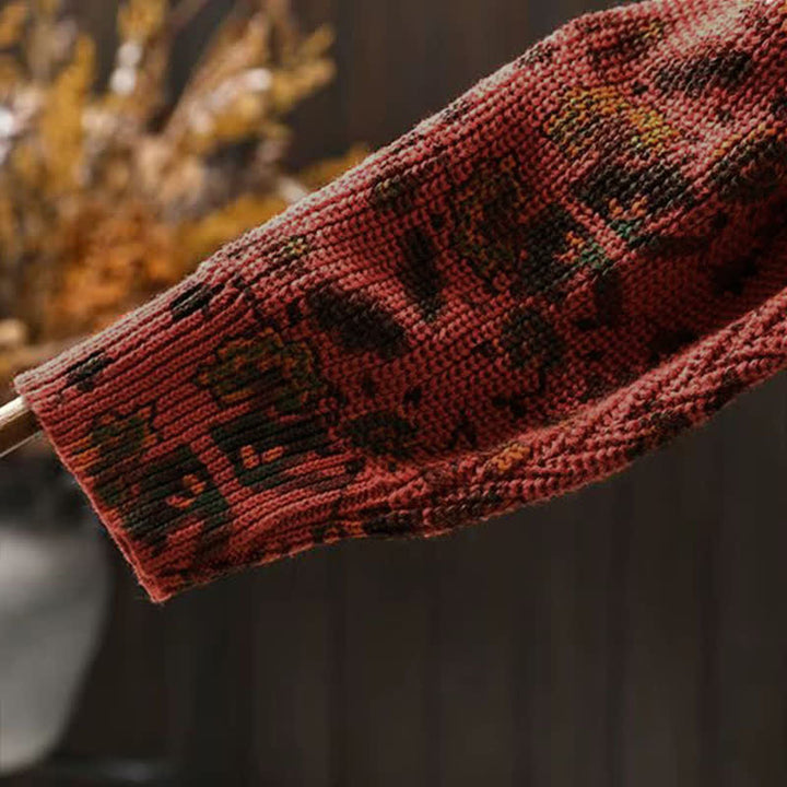 Buddha Stones Herbststreifen-Strickpullover mit geometrischen Blumenmuster, Damen, Langarm, aus Baumwolle, Kapuzenpullover - image 7