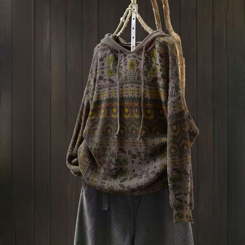 Buddha Stones Herbststreifen-Strickpullover mit geometrischen Blumenmuster, Damen, Langarm, aus Baumwolle, Kapuzenpullover - Dunkelkhaki - US4-6, UK/AU8-10, EU36-38 (F) - image 12