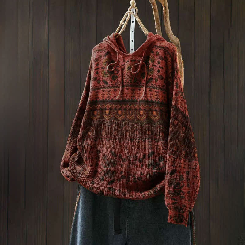 Buddha Stones Herbststreifen-Strickpullover mit geometrischen Blumenmuster aus Baumwolle für Damen, langärmelig - Tomate - US4-6, UK/AU8-10, EU36-38 (F) - image 2