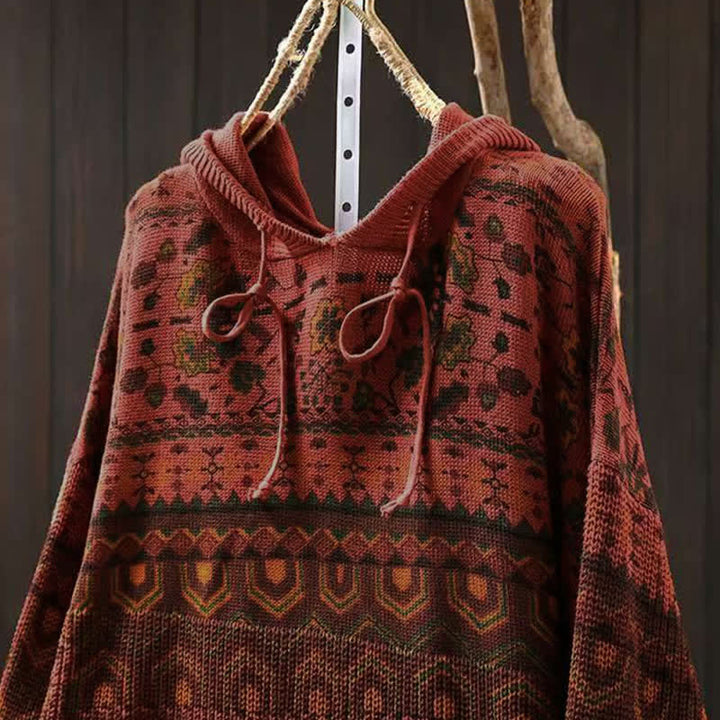 Buddha Stones Herbststreifen-Strickpullover mit geometrischen Blumenmuster, Damen, Langarm, aus Baumwolle, Kapuzenpullover - image 4