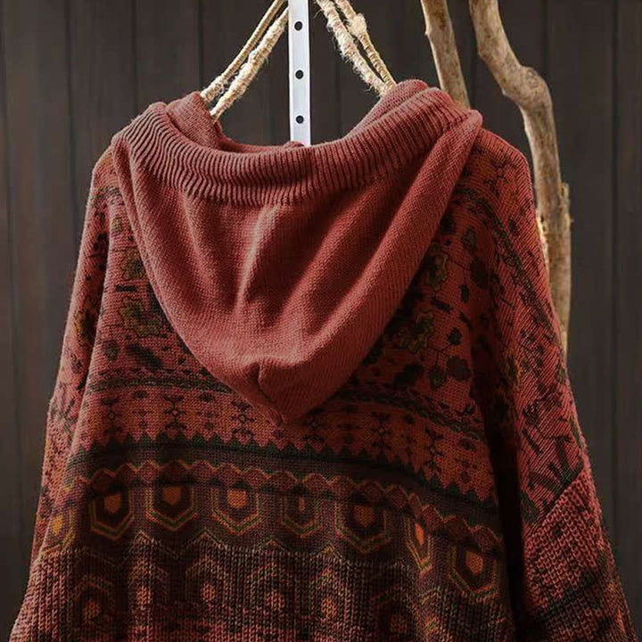 Buddha Stones Herbststreifen-Strickpullover mit geometrischen Blumenmuster, Damen, Langarm, aus Baumwolle, Kapuzenpullover - image 5