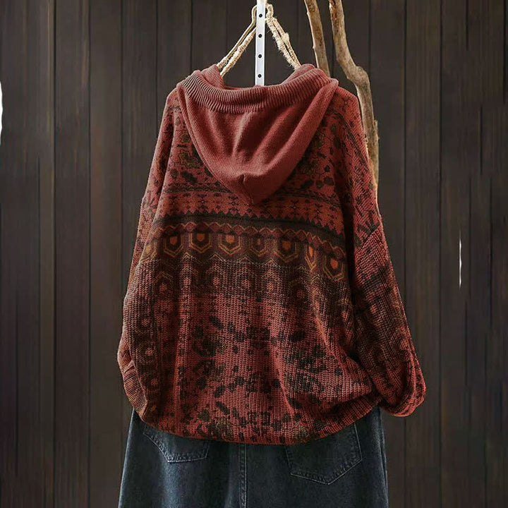 Buddha Stones Herbststreifen-Strickpullover mit geometrischen Blumenmuster, Damen, Langarm, aus Baumwolle, Kapuzenpullover - image 3