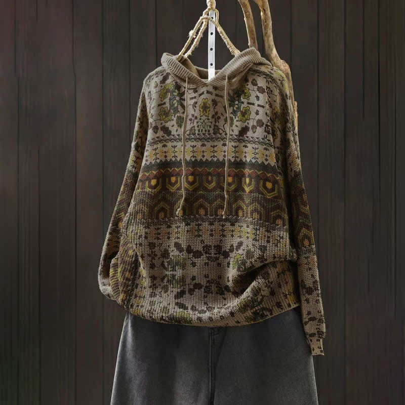 Buddha Stones Herbststreifen-Strickpullover mit geometrischen Blumenmuster, Damen, Langarm, aus Baumwolle, Kapuzenpullover - Beige - US4-6, UK/AU8-10, EU36-38 (F) - image 0